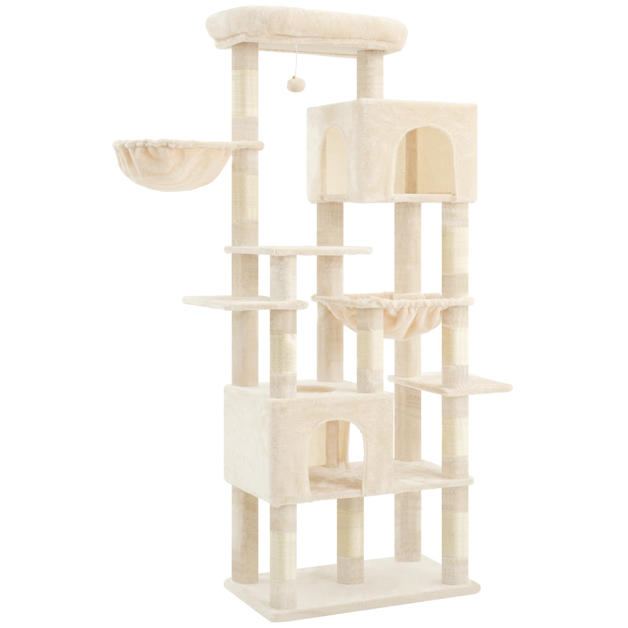 Heybly Arbre à Chat XXL 193cm, Base Extra Large, Tour Lourde avec 10 Poteaux en Sisal et 2 Hamacs pour Chats, 2 Niches Design, Mobilier et Couchage pour Chats Géants, Beige HCT039M