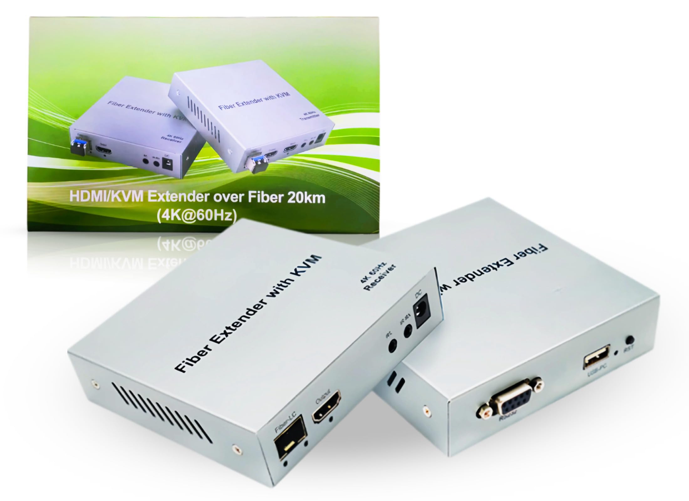 Extender in fibra KVM con interfaccia multimediale HD, 20KM 4K 60Hz 100-240V in lega di alluminio plug and play ricetrasmettitore ottico KVM segnale stabile per TV per monitor (spina EU