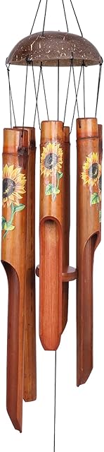 Afirst Chimes de vent de bambou, 38" Sunflower Windchimes en bois avec Couronne de coco Saint Valentin cadeau de la Saint-Valentin artisanale cadeau de sympathie pour jardin, patio, décoration maison ou extérieure