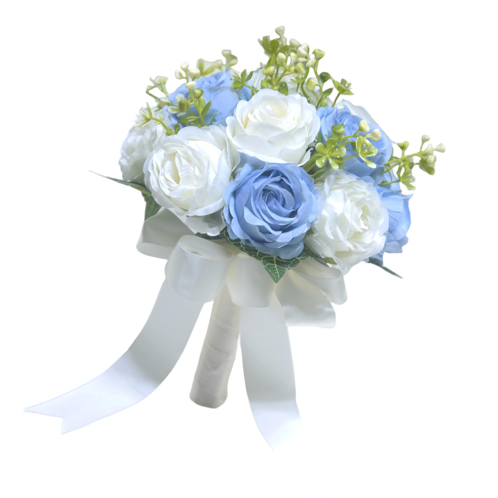 Kaeltsyn Realistic Rose Bouquet White Blue Artificial Rose Bridal Arrangement for Wedding Ceremony Maid Keepsakes White Blue Wedding Bouquet