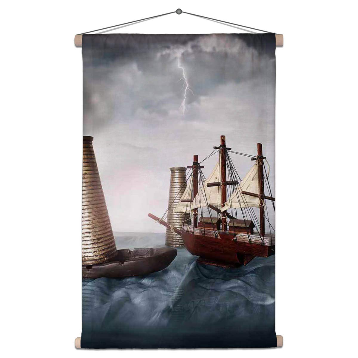 ArtzFolio Miniature Ship In An Ocean Velvet Fabric Painting Tapestry | Scroll Art Hanging 18 x 27 inch (46 x 69 cms)