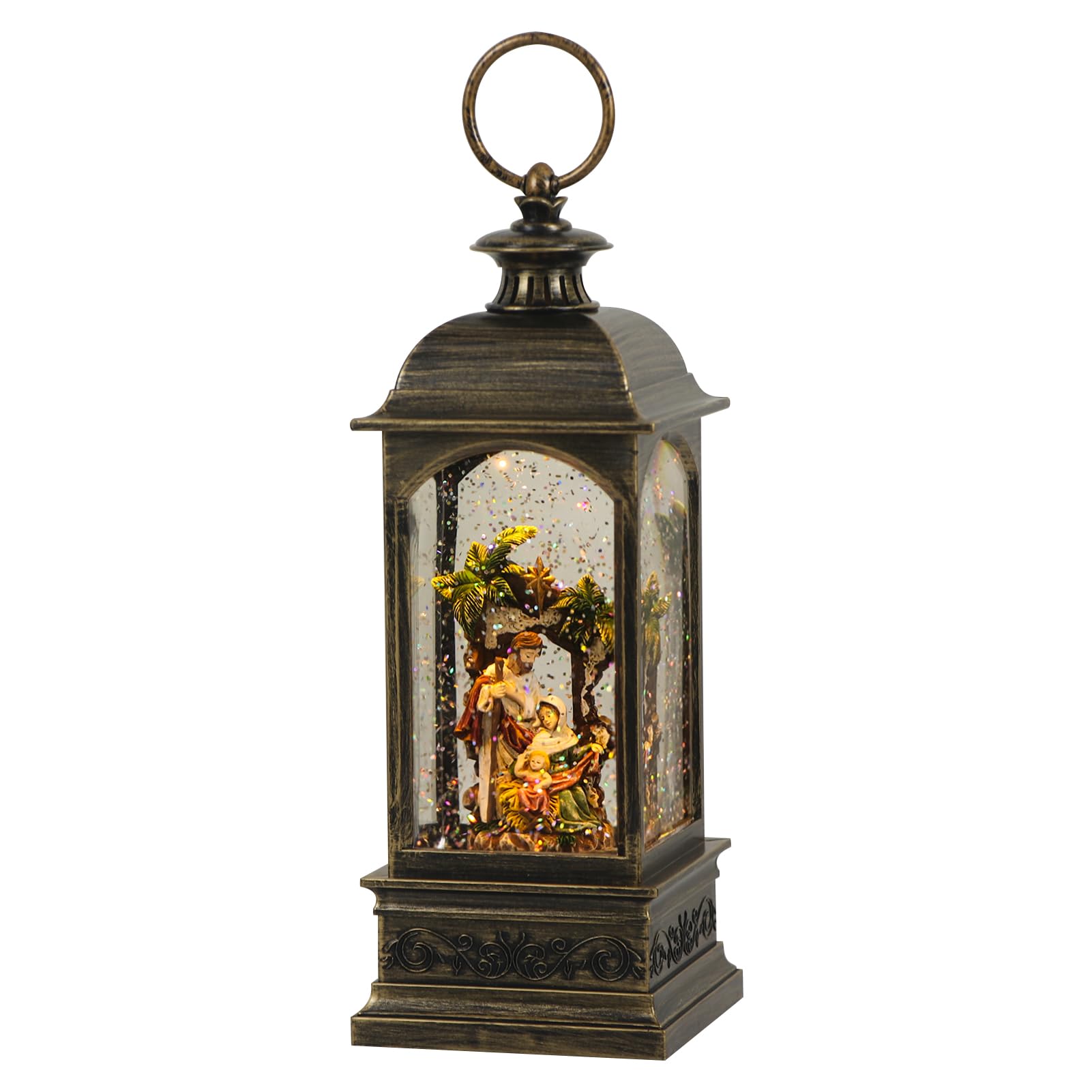 EldnaceleNativity Music Snow Globe Lantern with 6 Hour Timer, Battery Operated & USB Powered Singing Lighted Lamp Swirling Water Glittering Christmas Decoration Holiday Decor Lantern