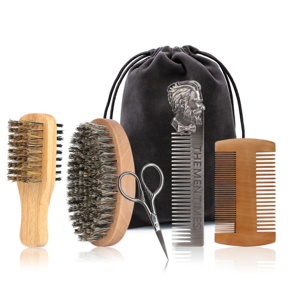 Beard Brush and Comb Set with Mustache Scissors Grooming Kit, Natural Boar Bristle, Dual Action Wood Comb, Dual Side Brush for Men’s Facial Hair, Travel Bag Beard Brush and Comb Set with Mustache Scissors Grooming Kit, Natural Boar Bristle, Dual Action Wood Comb, Dual Side Brush for Men’s Facial Hair, Travel Bag