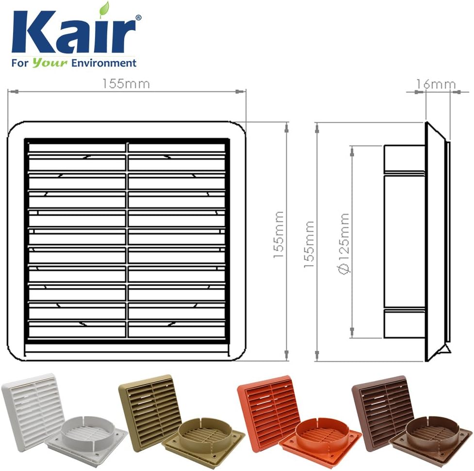 Kair Beige Louvred Grille 155mm External Dimension with Round 125mm - 5 inch Rear Spigot - Wall Ducting Air Vent - Image 3