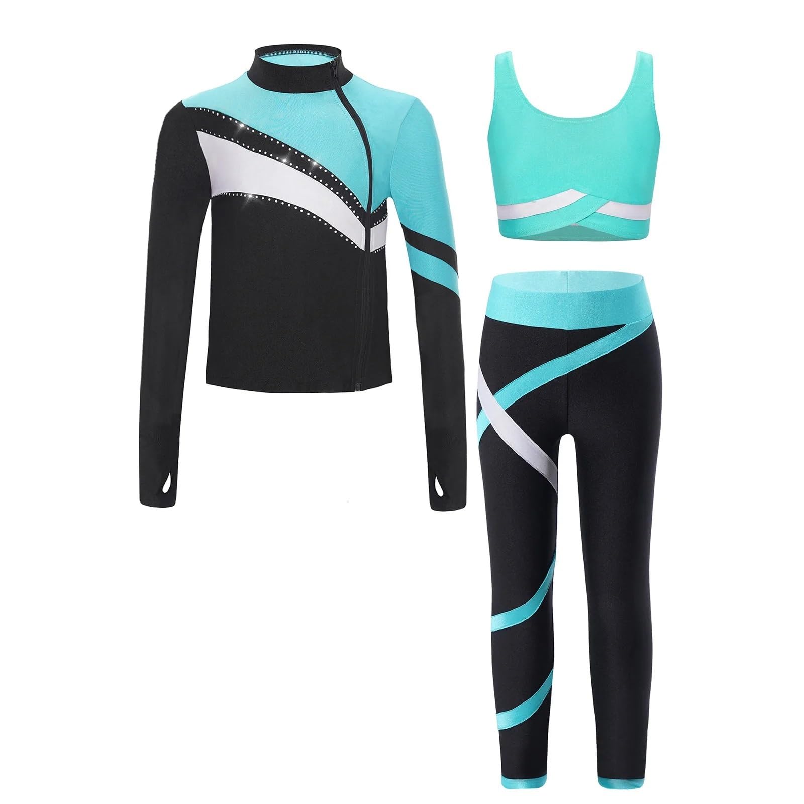 Abbigliamento Bambina Completi da ginnastica for ragazze for bambini Colorblock allenamento Yoga Set sportivo Felpa Gilet Top Leggings for tute sportive di pattinaggio artistico(Blue Green,16)