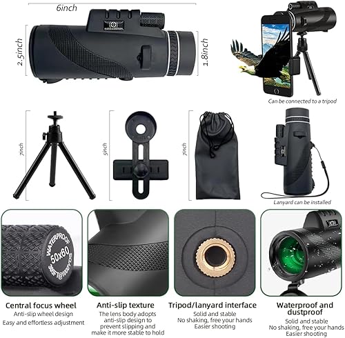 Miniatura 4 de Telescopio monocular de 50 x 60, monocular compacto de alta definición para adultos y niños, con trípode adaptador para teléfono inteligente para