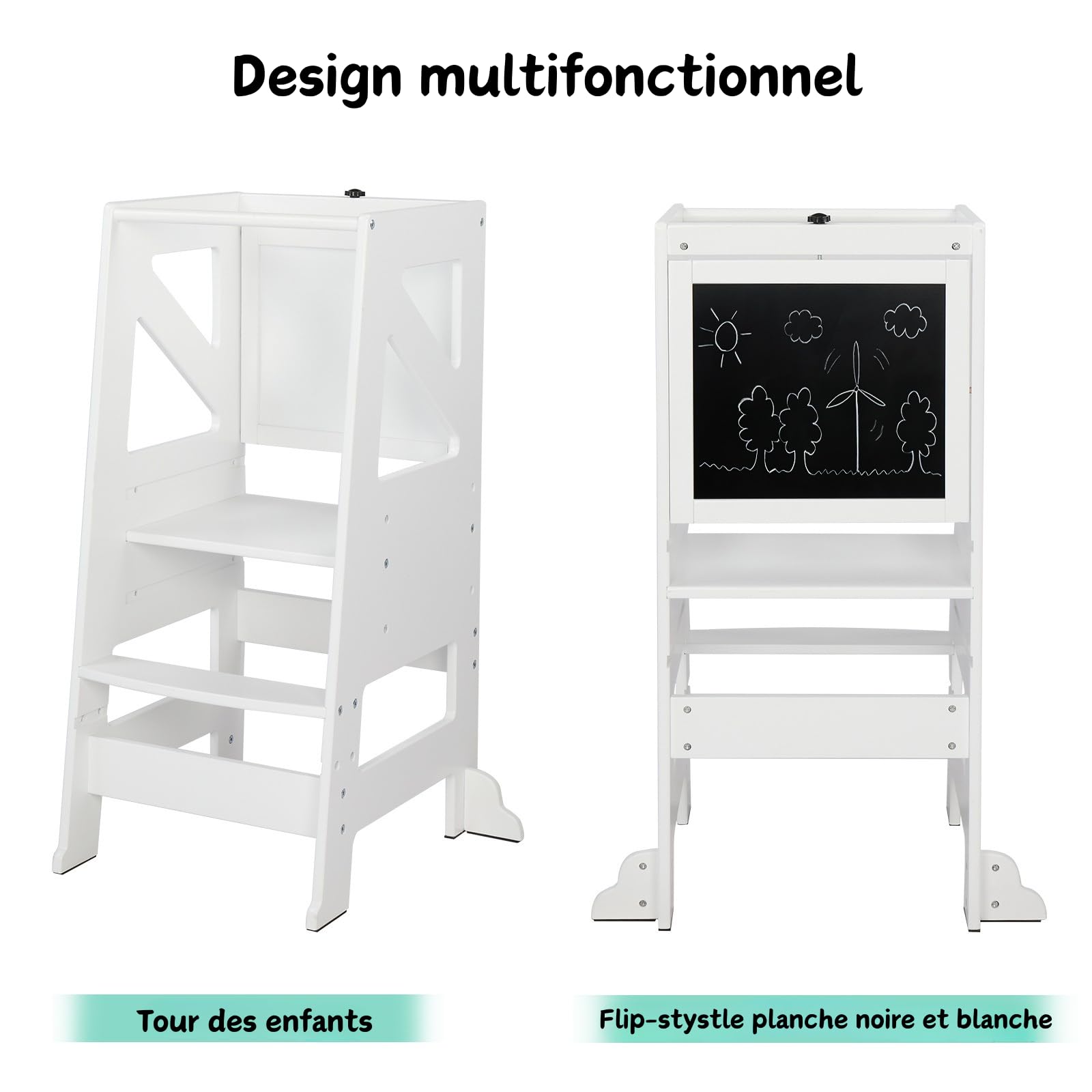 LEADZM Tour d'Observation Montessori dès 18 Mois - 2-en-1 Pliable avec Tableau Noir et Réglage de Hauteur | Sécurité Anti-Bascule & Design en Bois Robuste pour Cuisine, Salle de Bain et Espace Enfant