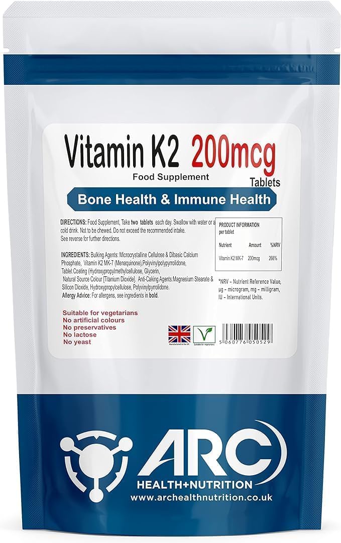 Vitamin K2 MK7 Menaquinone 200mcg 60 Tablets - Vegan Vegetarian - for Men and Women - Made in UK