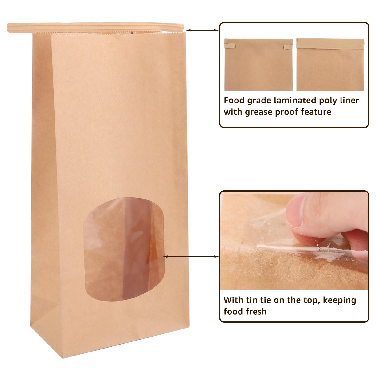 YAYODS 100 sacchetti di carta con finestra, 24 x 12 x 6,5 cm, sacchetti di carta kraft piccoli, sacchetti di carta marrone con chiusura, per biscotti, toast, panini, caramelle, chicchi di caffè