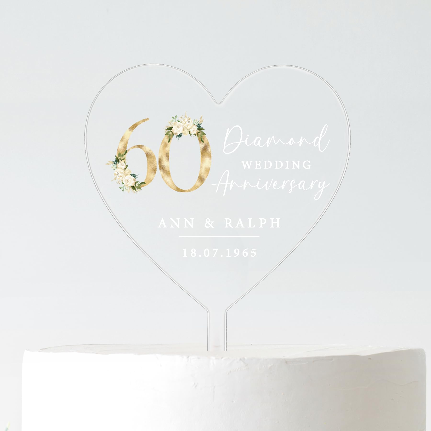 Personalised 60th Wedding Anniversary Cake Topper | Diamond Anniversary Heart Cake Decoration | Custom Names & Date | Frosted Acrylic | 10cm or 12cm (WHITE TEXT, 12CM)