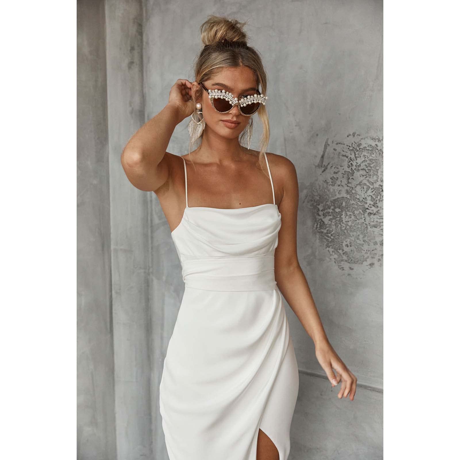 Vestido de Novia, Vestido de Novia de Pecho Bajo, Vestido de Dama de Honor sin Mangas, Blanco, 16