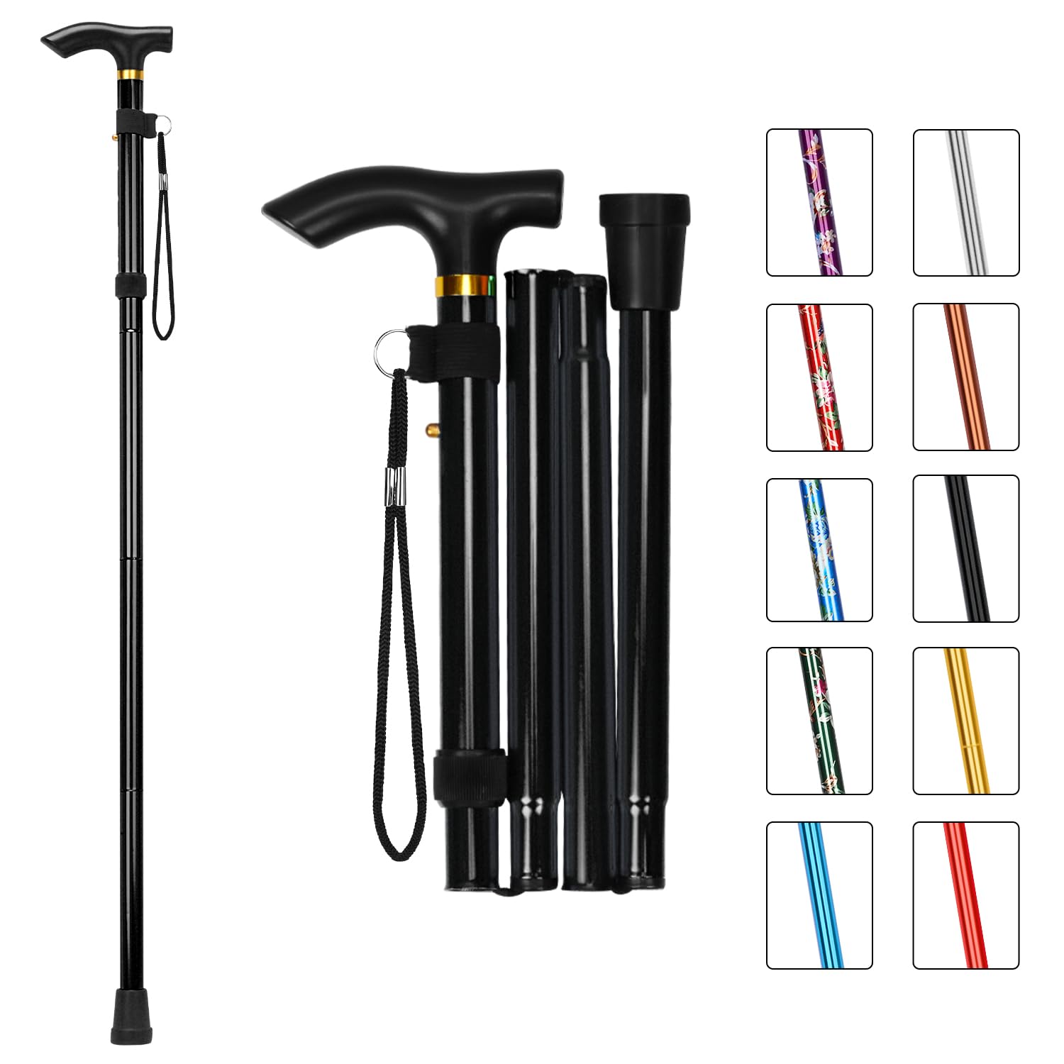 MFE Folding Cane, Portable 5-Level Adjustable Height Walking Stick with Foldable Design, Wrist Strap, and T Handle for Men and Women