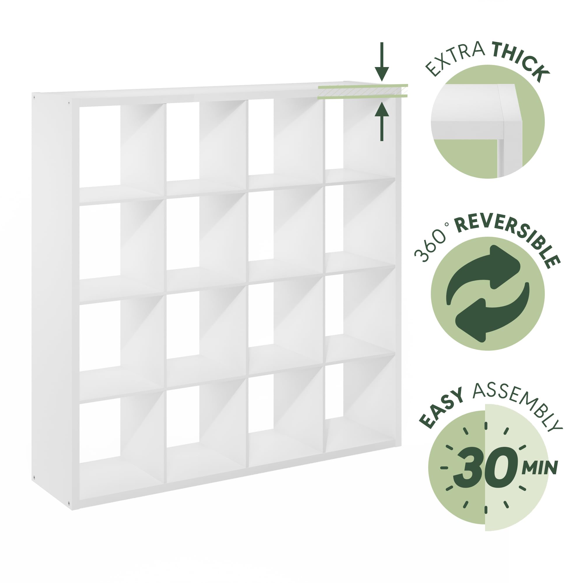 Furinno Cubicle 16-Würfel-Bücherregal mit dickem Rahmen, Umkehrbares Bücherregal mit offener Rückseite, 37,08 x 146,8 x 147,32cm, für Wohnzimmer, Schlafzimmer, Homeoffice, Schlichtes Weiß