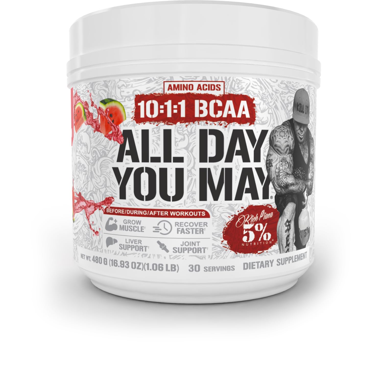 5% Nutrition Rich Piana AllDayYouMay BCAA Powder | Premium Intra & Post Workout Amino Acids, EAA, Electrolytes | Hydration, Endurance, Recovery | Vegan & Keto | 16.9 oz, 30 Srvgs (Watermelon)