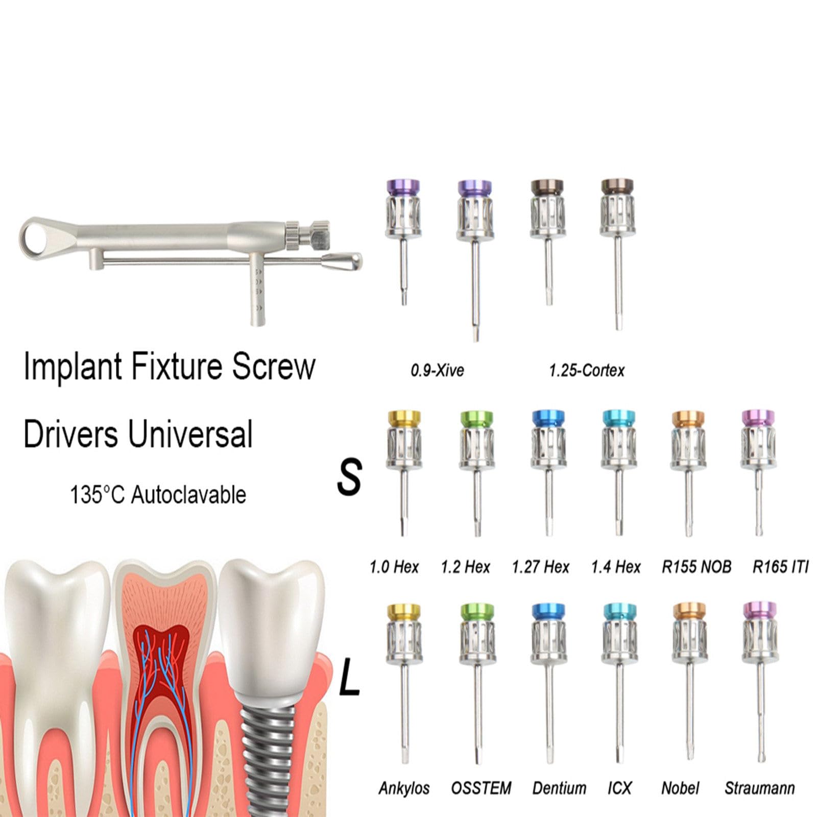 Kit di Strumenti dentali universali per Chiavi dinamometriche in Acciaio Inossidabile per Vari sistemi implantari - Impugnatura ergonomica Antiscivolo