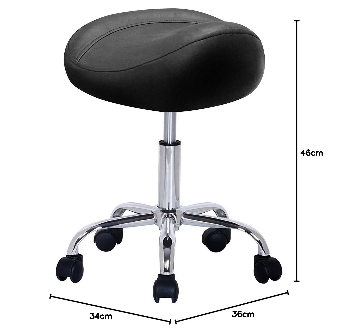 Taburete de Peluquería, Silla de Peluquería, Asiento de Material Cuero Sintético y Diseño Ergonómico, Altura Regulable, Giratorio 360º y Base Estable con 5 Rueditas, Color Negro