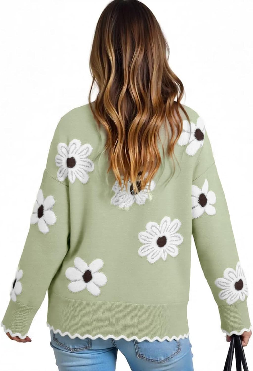 Cute Fall Flower Sweaters for Women, Casual Long Sleeve Pullover V Neck Lightweight Crochet Chunky Knit Pullover Jumper Tops - Image 6