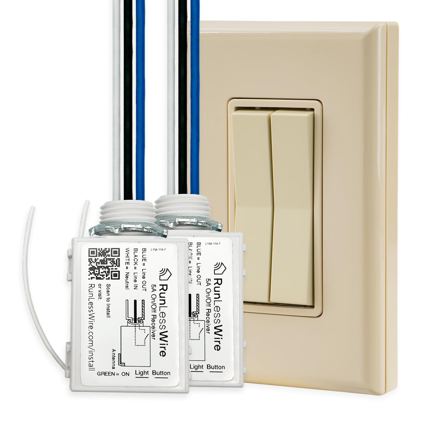 RunLessWire Fan & Light Battery-Free DIY Wireless Light Switch Kit 150ftRF Range Kinetic for Bathrooms & Ceiling Fans: 1 Dual Remote Switch Controls 2