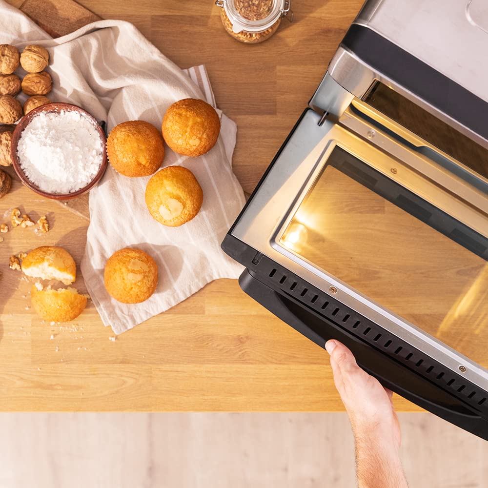 Cecotec Horno Freidora de Aire Caliente Bake&Fry 3000 Touch Steel. 1600 W, 30 Litros, Convección, Pantalla Táctil, 9 Funciones, Temperatura y Altura Regulable, Acero Inoxidable
