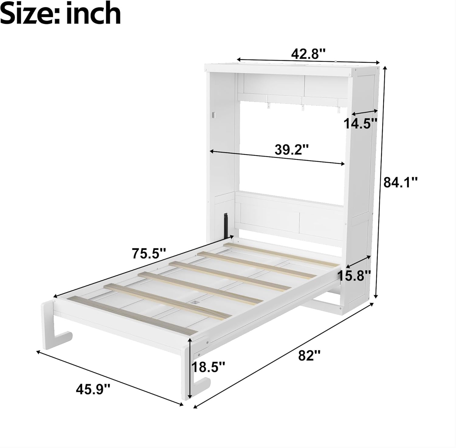 MERITLINE Twin Farmhouse Murphy Bed,Solid Wood Folding Vertical Murphy Wall Bed Cabinet for Bedroom Office,Space-Saving (Twin,White)