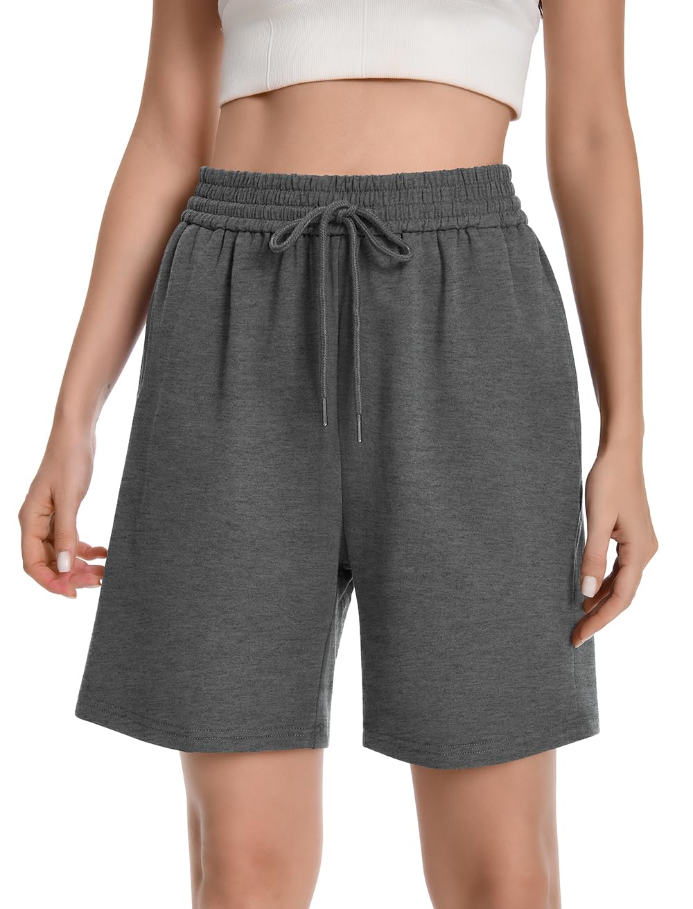Women High Waist Cotton Bermuda Shorts Drawstring Sweat Shorts with Pockets | Soft Long S…