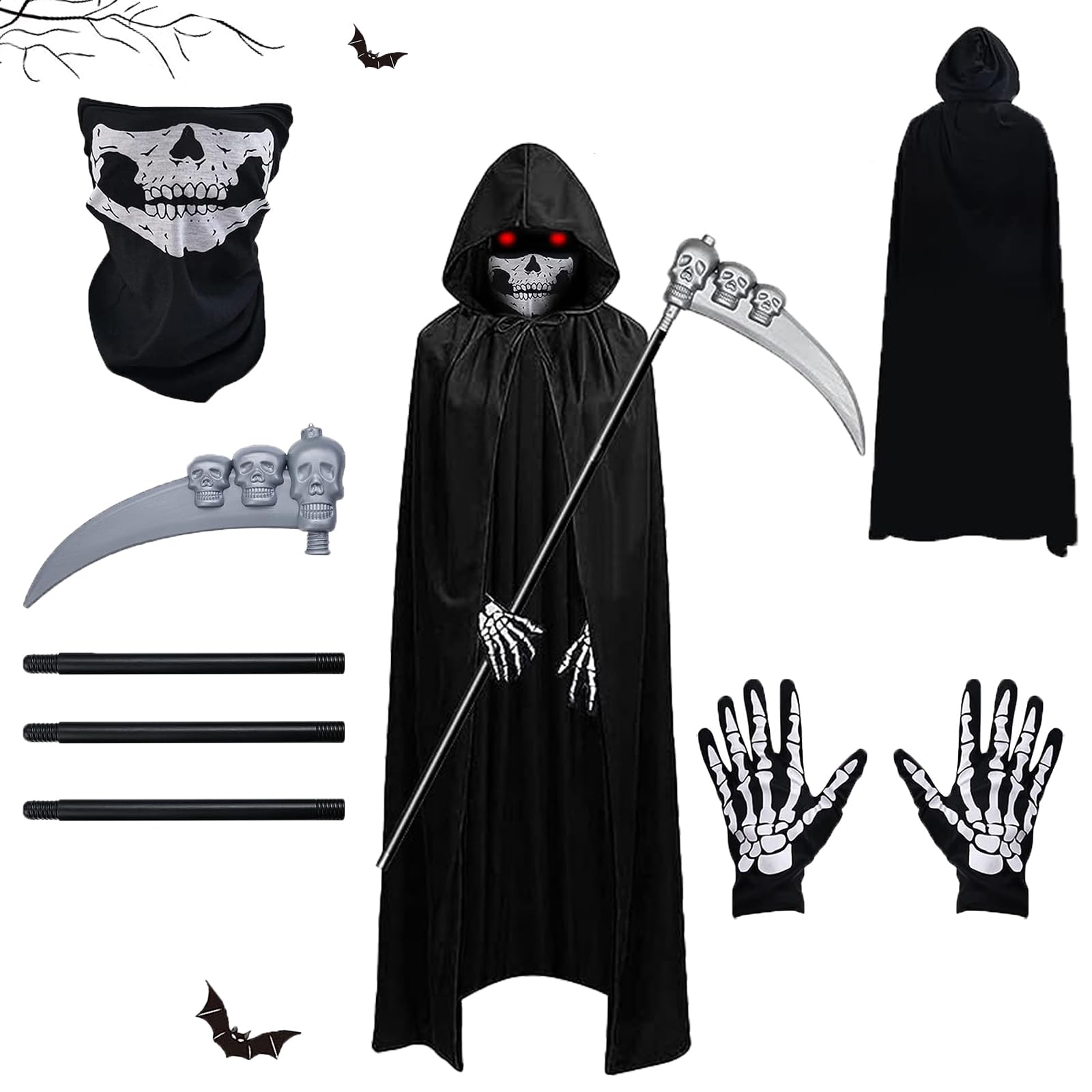 AOMAIGAD Halloween Disfraz de Parca, Disfraz de Parca, Disfraz de Grim Reaper con Sombrero, Guantes, Hoz, Disfraz de Muerte,para Halloween Fiesta Carnival Costume Cosplay