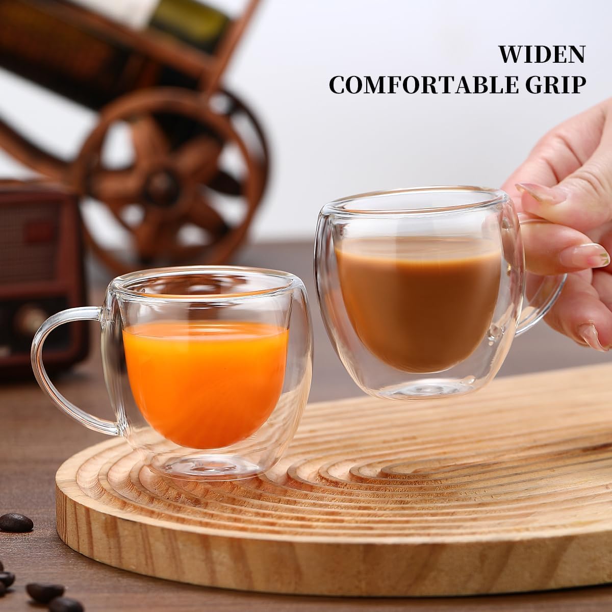 renovon Çift Katmanlı Cam Kupa Bardak 250 ml Lüx Çift Cidarlı kupa - Termos Bardak - İki Duvarlı Yapısı ile Uzun Süre Sıcak-Soğuk Tutma özelliği, Kulplu Kahve Espresso Bardağı Brosilikat double layer Cup