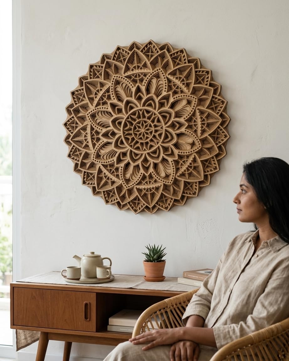 Gloridec 3D Laser Cut Decorative Mandala Art Wall Decor made of Engineered Wood | Decorative Multi Layered Round Mandala Wall Hanging decor, Living Room Wall Hanging (GLDC Round Mandala) (24" x 24" Inch) 2