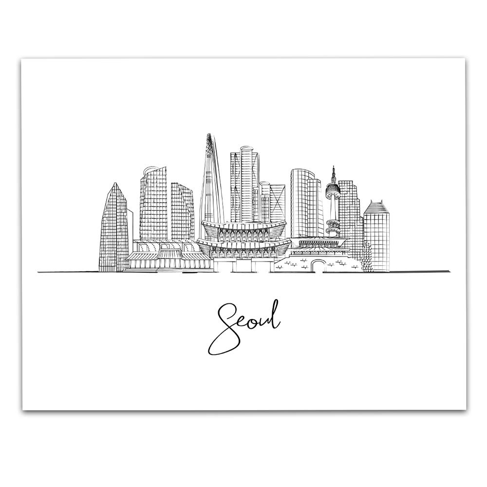 TJ Originals - East Asia City Line Art , Landscape Skyline , Black and White East Asia Wall Art , Unframed 11x14 Wall Art Print , Living Room Decor , East Asia Skyline Drawing , Printed in USA (Seoul, South Korea)