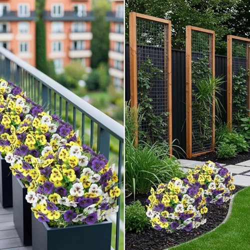 Fairblo 2er Set Künstliche Blumen Outdoor 60 cm Künstliche Buchsbaum mit Erdspieß Stiefmütterchen Buchsbaumkugel Wetterfest Kunstblumen Frühling Deko Künstliche Pflanzen für Draußen Balkon Garten