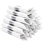 N9R 75 Pack Pre Rolled Silver Plastic Cutlery Set, 75 Pieces (75 Forks, 75 Knives, 75 Spoons, 75 Napkins), Disposable Silverware Set for Party, Wedding, Modern Style