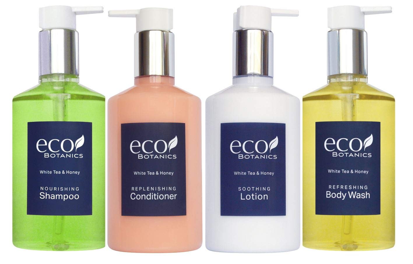 Eco Botanics Hotel Amenities Set | 10.14oz Pump Bottles | Shampoo, Conditioner, Hand & Body Wash, and Lotion | Set of 4