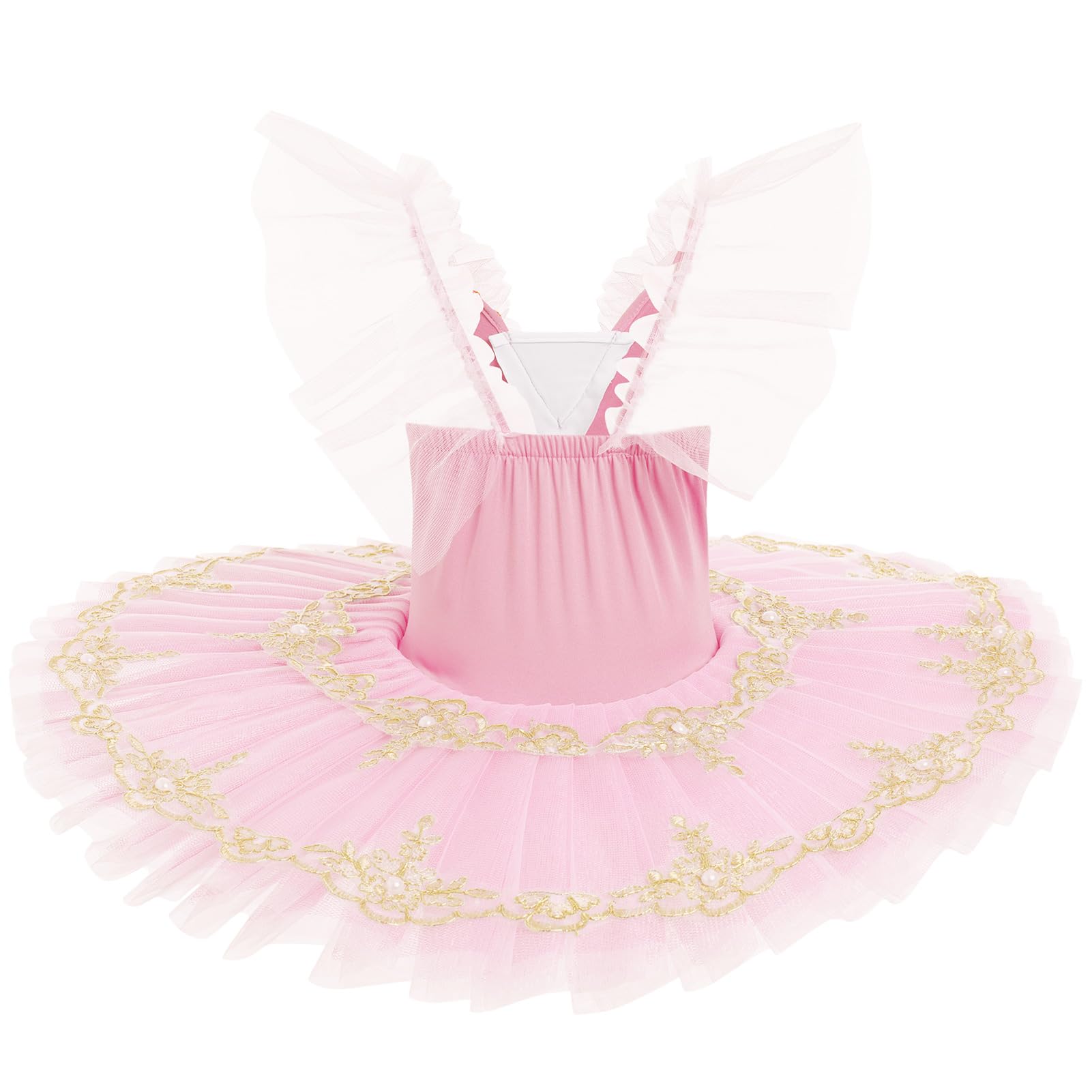 IDOPIP Vestito da danza da bambina, con tutù da balletto, pancake, costume da ballo con maniche a volant, pizzo ricamato con paillettes e clip per capelli