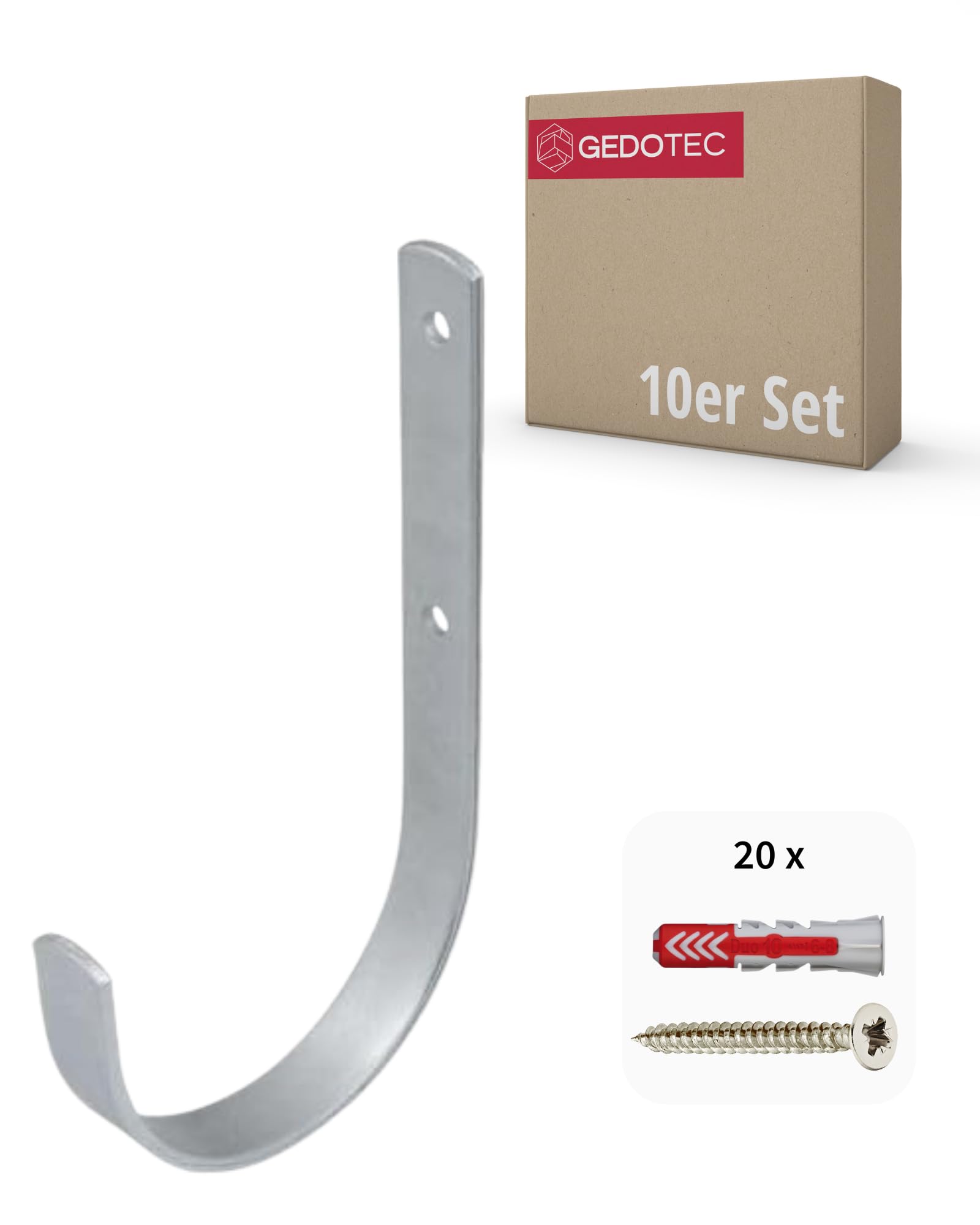 Gedotec Silver Matt Wall Bracket - Galvanized Steel | 10 Pieces Ladder Hooks Curved 180 X 100 Mm | Incl. Fastening Material | Wall Hooks For Screwing