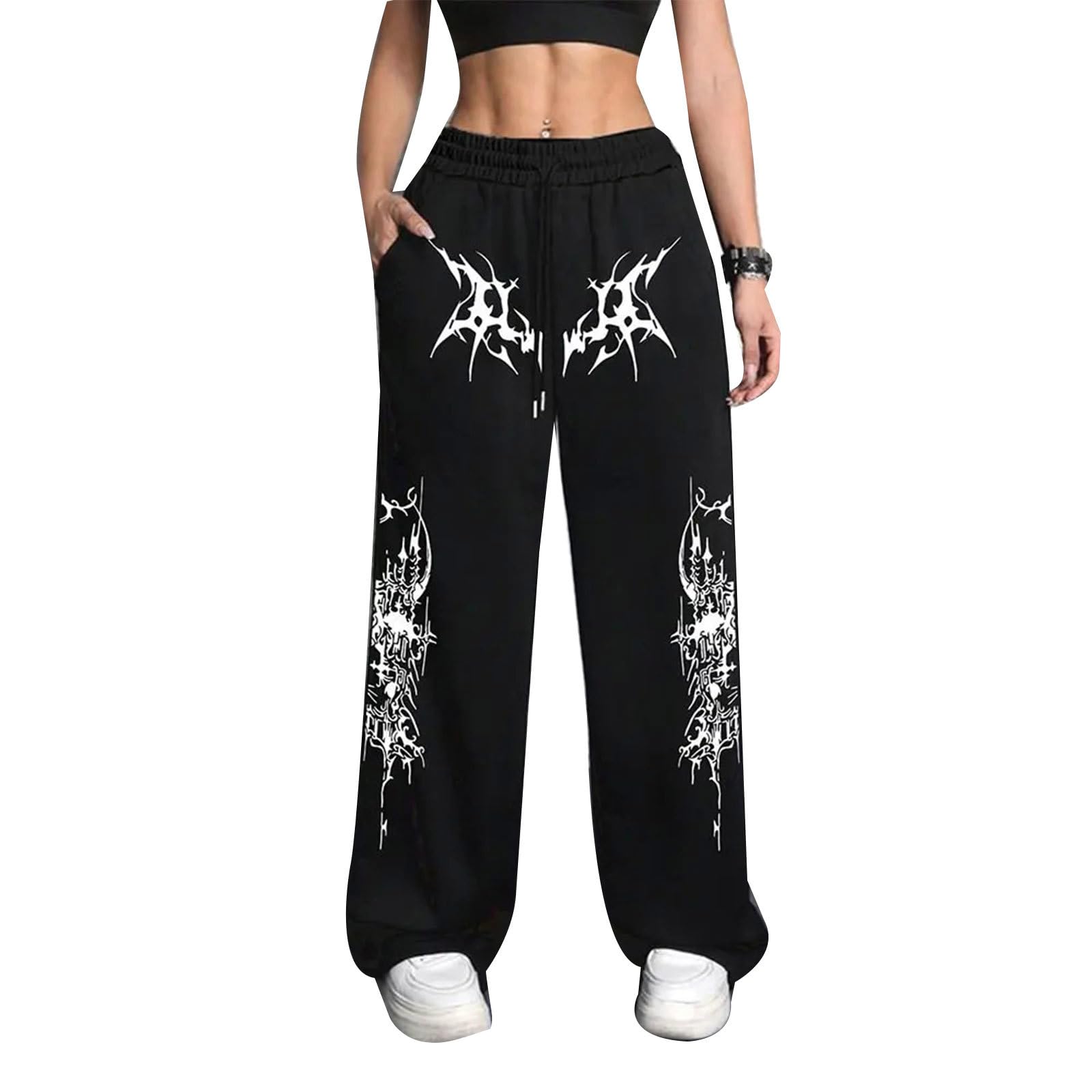 Acsewater Unisex Black 7 Women's Baggy Sweatpants Gothic Print Streetwear Sport Trousers Elastic Drawstring Wide Leg Trousers Punk Joggers Black