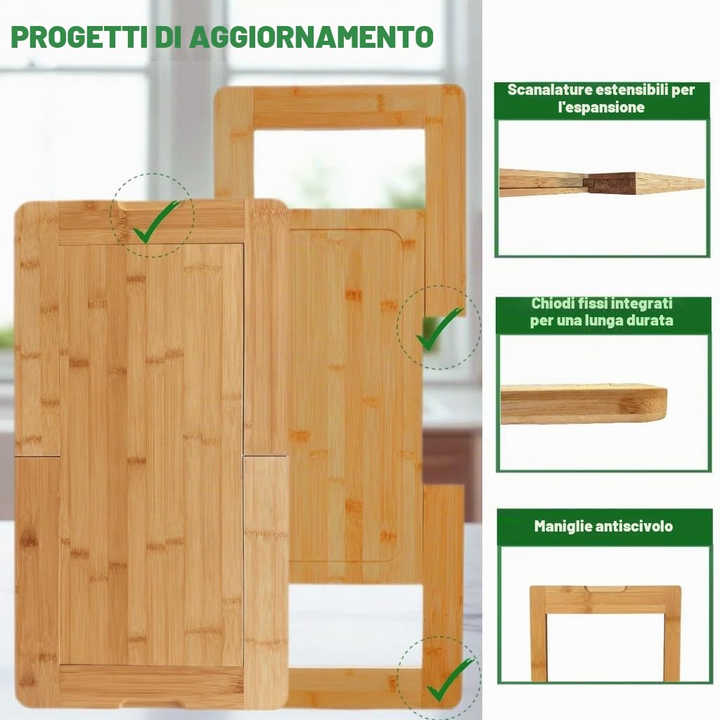 Tagliere per lavello da cucina, allungabile con vassoio antigoccia, tagliere in bambù, tagliere extra large, tagliere da lavello