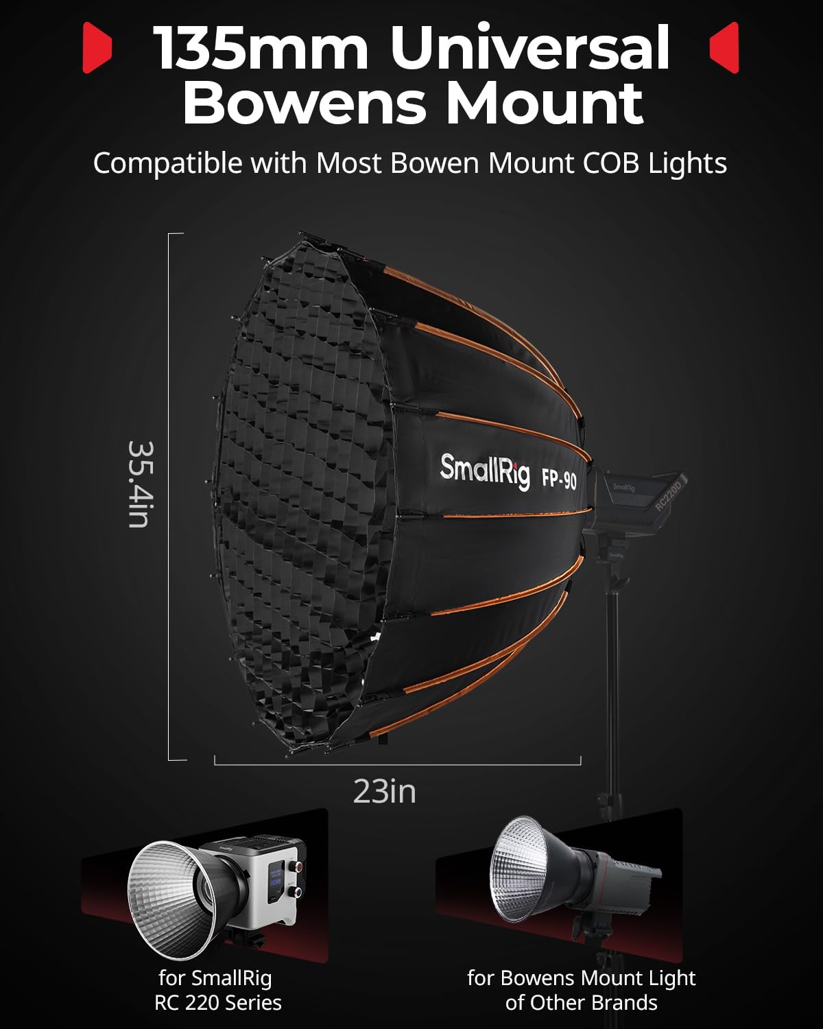 SmallRig FP-90 - Softbox parabolico 35,4" con supporto Bowens per fotografia da studio, softbox a cambio rapido con griglia a nido d'ape, diffusori, per SMALLRIG RC 220 Pro, per Neewer per Godox per