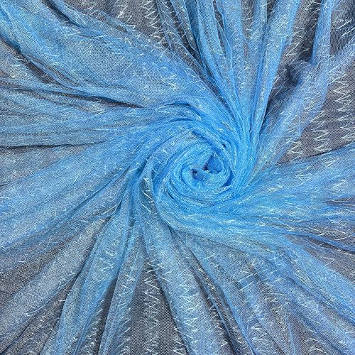 Image of Mosquito Net for King Size Bed & Double Bed (6x7 ft, Wall /Hook Hanging) Poly-Cotton Blend Fabric with Zigzag Wave Line Pattern, Pre-Fitted Bottom & Cotton Ribbon (Ocean Blue)