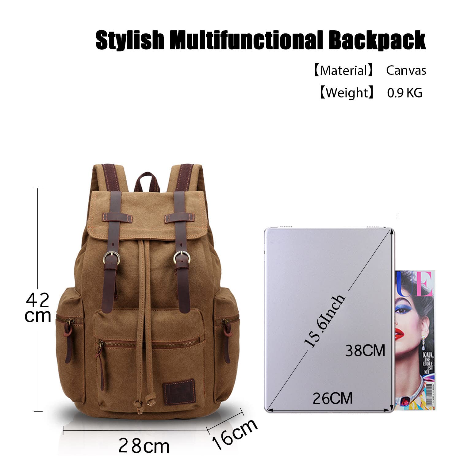 FANDARE Retro 15.6 Inch Backpack for Laptop Laptop, Outdoor, Travel, Work, Student, Hiking, School Bags, Daypack Canvas - Image 3