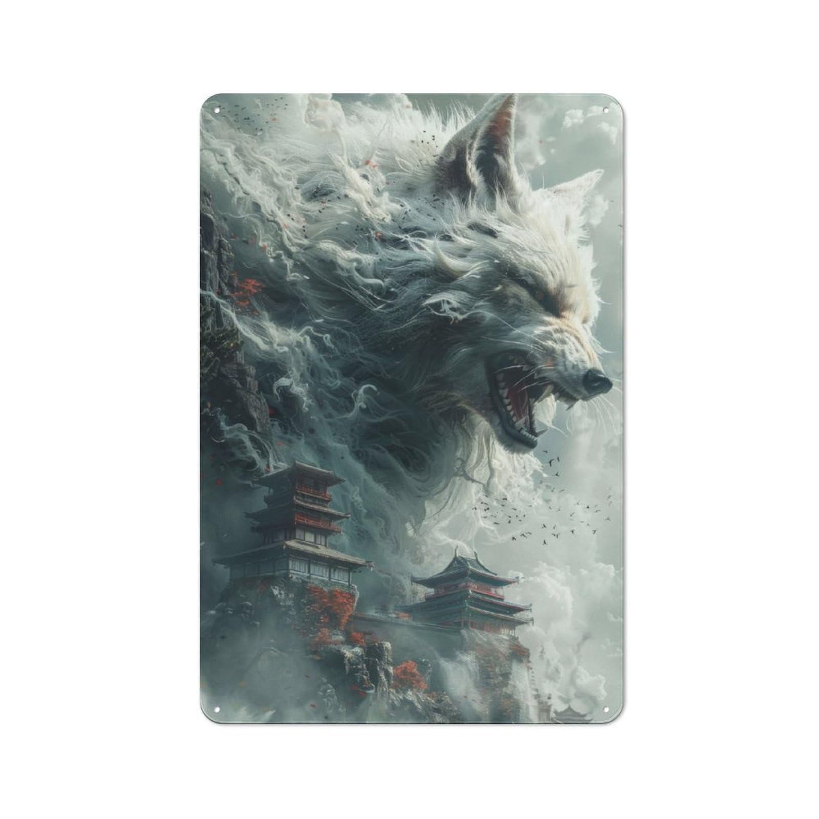 Junmoney Fox Chinese Temples Rustic Metal Sign 30X20cm Featuring For Hallway Wall, For Collectors Decorating Hallways And Entrance Areas