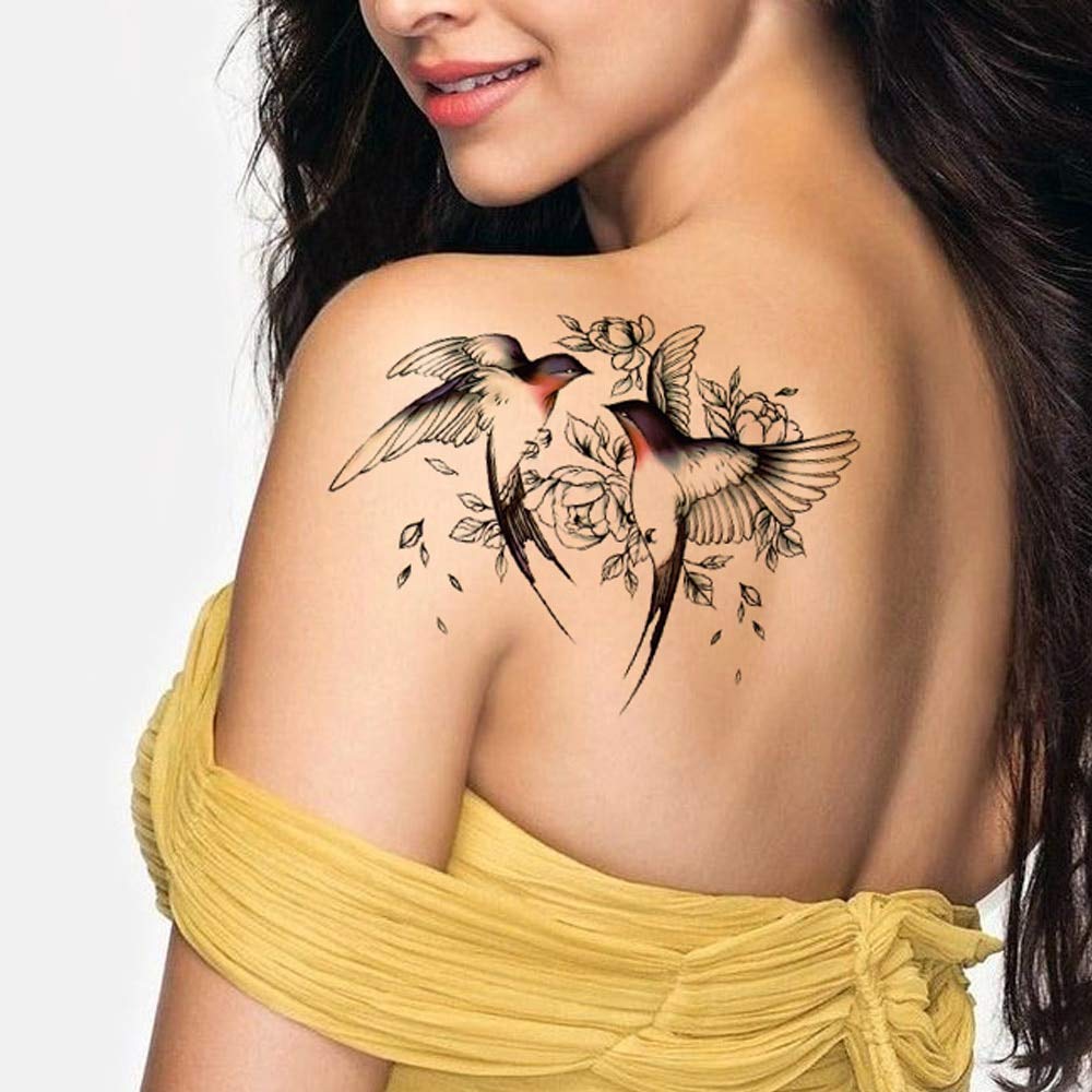 Big Flower Arm Tattoo Temporary Tattoo Sticker Sparrow/Magpie Fake