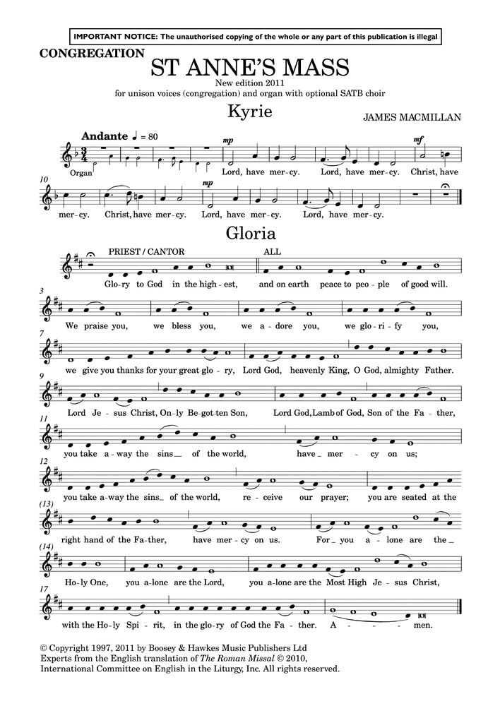 St. Anne's Mass: New edition 2011. cantor, unison choir (congregation) and organ, mixed choir (SAATB) ad libitum.