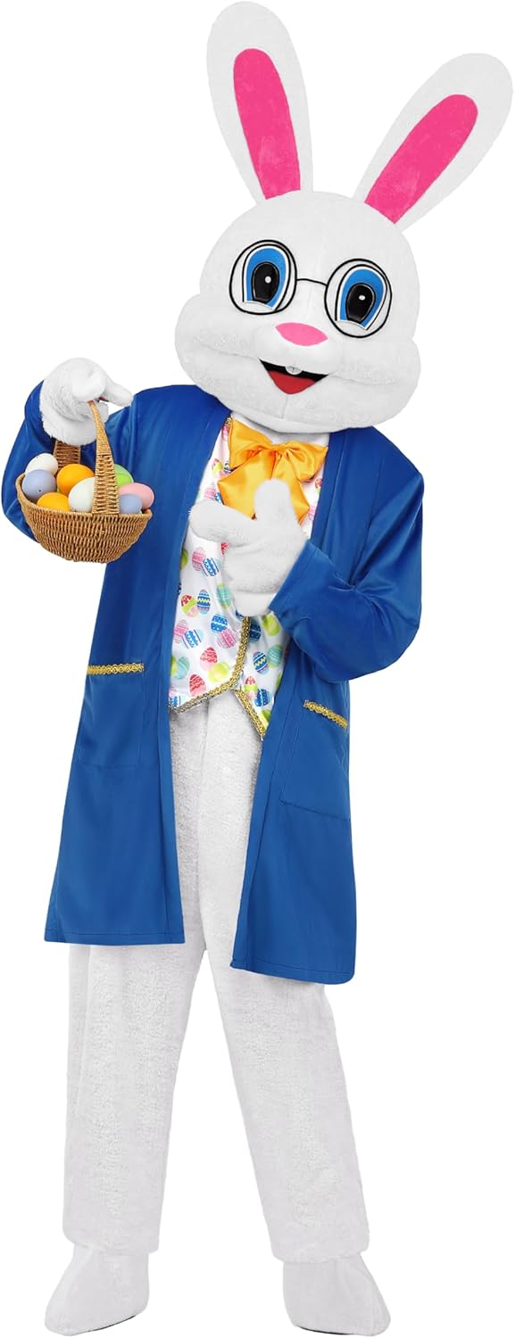 SOMSOC 7 Pieces Easter Bunny Costume Adult Mascot Suit White Rabbit Costume One Piece Suit Waistcoat Shoes Bowtie for Adults