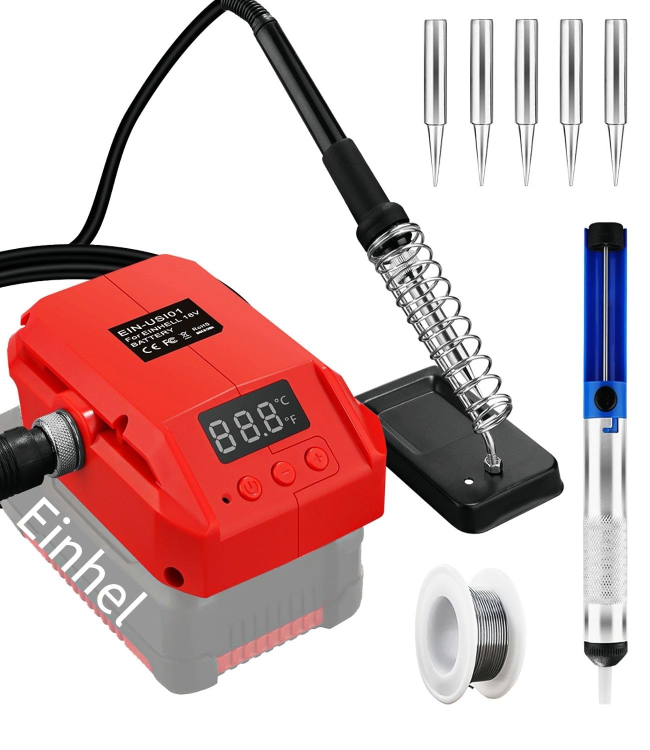 Soldador con batería para batería Einhell de 18 V, soporte de soldador Work para Einhell Power X-Change batería de 18 V, pantalla LCD de 60 W, temperatura ajustable de 180 – 480 °C, soldador