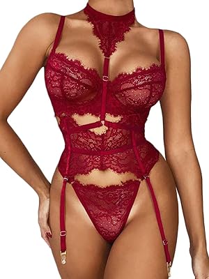 Kaei&Shi Garter Lingerie Set for Women, Sexy Floral Lace, Strappy High Waisted Hide Belly, 4 Piece with Exotic Choker Belt