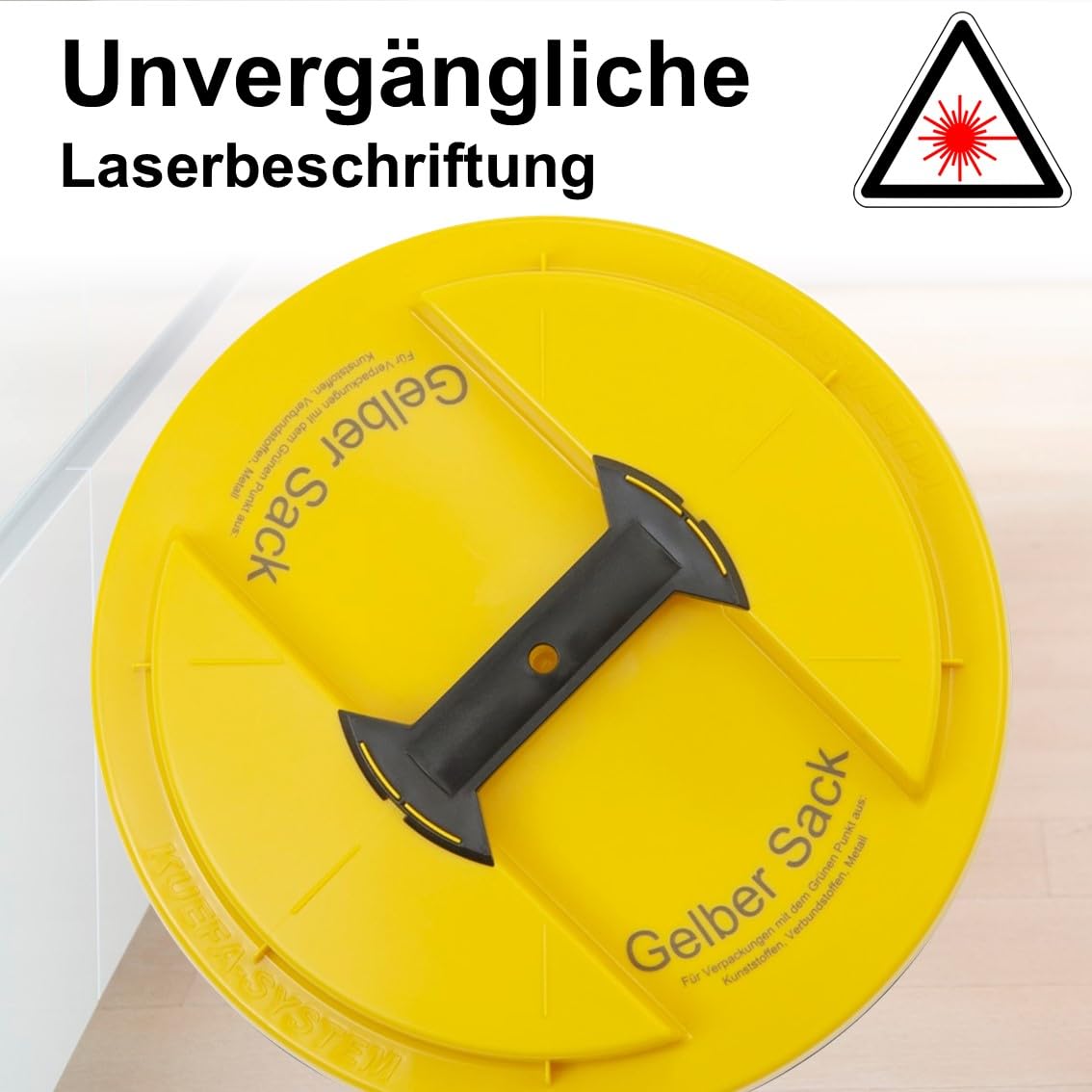 KUEFA BSC LA 60L Mülleimer, Müllsackständer, Gelber Sack Ständer, inkl. Klemm-Ring und Laserbeschriftung, stabil, strapazierfähig, geruchsdicht, auslaufsicher (Gelb, Gelber Sack)