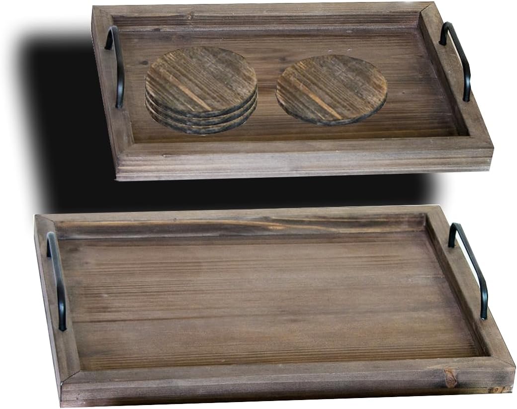 Rustic Vintage Food Wooden Serving Trays with Metal Handle-Set of 2-Decorative Nesting 4 Coasters，for Breakfast Kitchen Ottoman Coffee Table Large: 15.7 x2 x11.8” Small: 13.3 x2 x9.4” inchs
