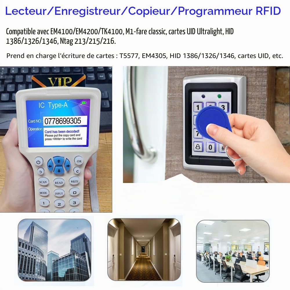Lecteur de copieur, duplicateur, lecteur de carte NFC 125 kHz 13,56 MHz 10 fréquences RFID Smart Card écran couleur décodeur de carte cryptée avec carte clé inscriptible