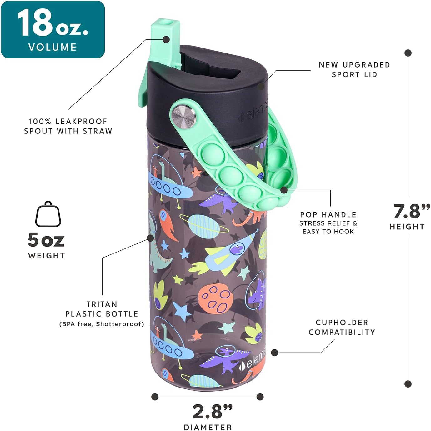 Elemental Water Bottles for Kids - Splash Kids Water Bottle for School with Pop-it Handle - BPA Free Tritan Plastic Water Bottle with Straw Leak Proof when Spout is Closed - Space Dinosaur - 18oz - Image 2