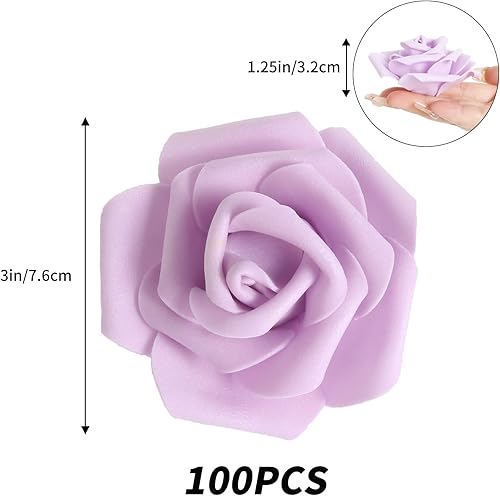 Miniatura 3 de IPOPU 100 rosas artificiales de espuma, flores falsas de espuma lila sin tallo de 3 pulgadas a granel para manualidades, decoración de pared,